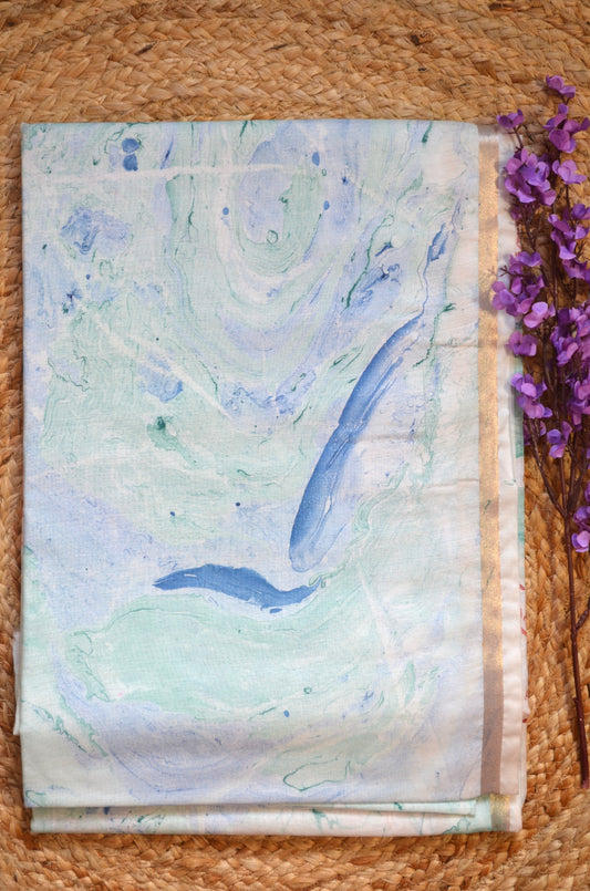 White Marble Print Vegan Silk Handloom Saree