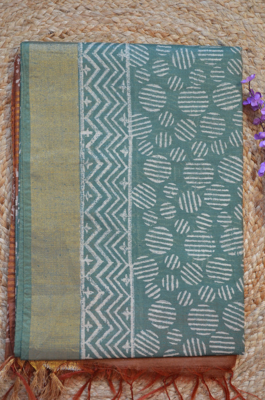 Seafoam Rust Bapta Print Vegan Silk Handloom Saree