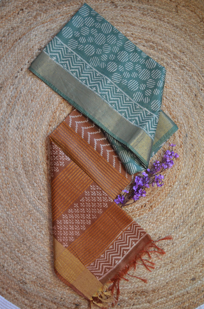 Seafoam Rust Bapta Print Vegan Silk Handloom Saree