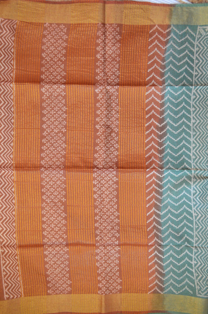 Seafoam Rust Bapta Print Vegan Silk Handloom Saree