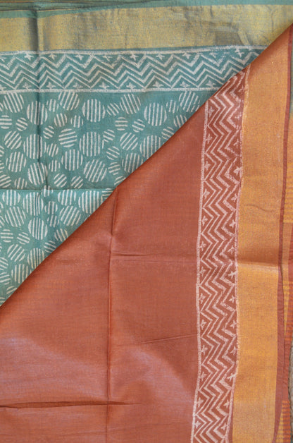 Seafoam Rust Bapta Print Vegan Silk Handloom Saree