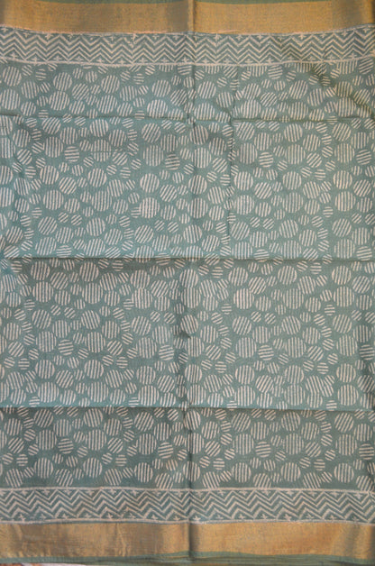 Seafoam Rust Bapta Print Vegan Silk Handloom Saree