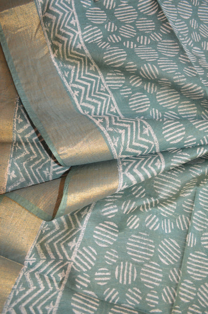 Seafoam Rust Bapta Print Vegan Silk Handloom Saree