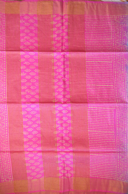 Cyan Magenta Bapta Print Vegan Silk Handloom Saree