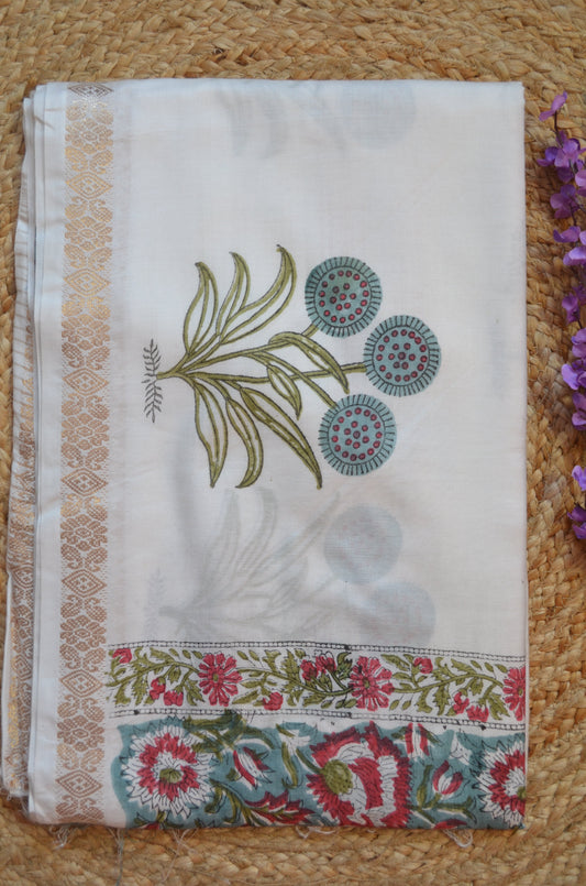 White Floral Print Vegan Silk Handloom Saree
