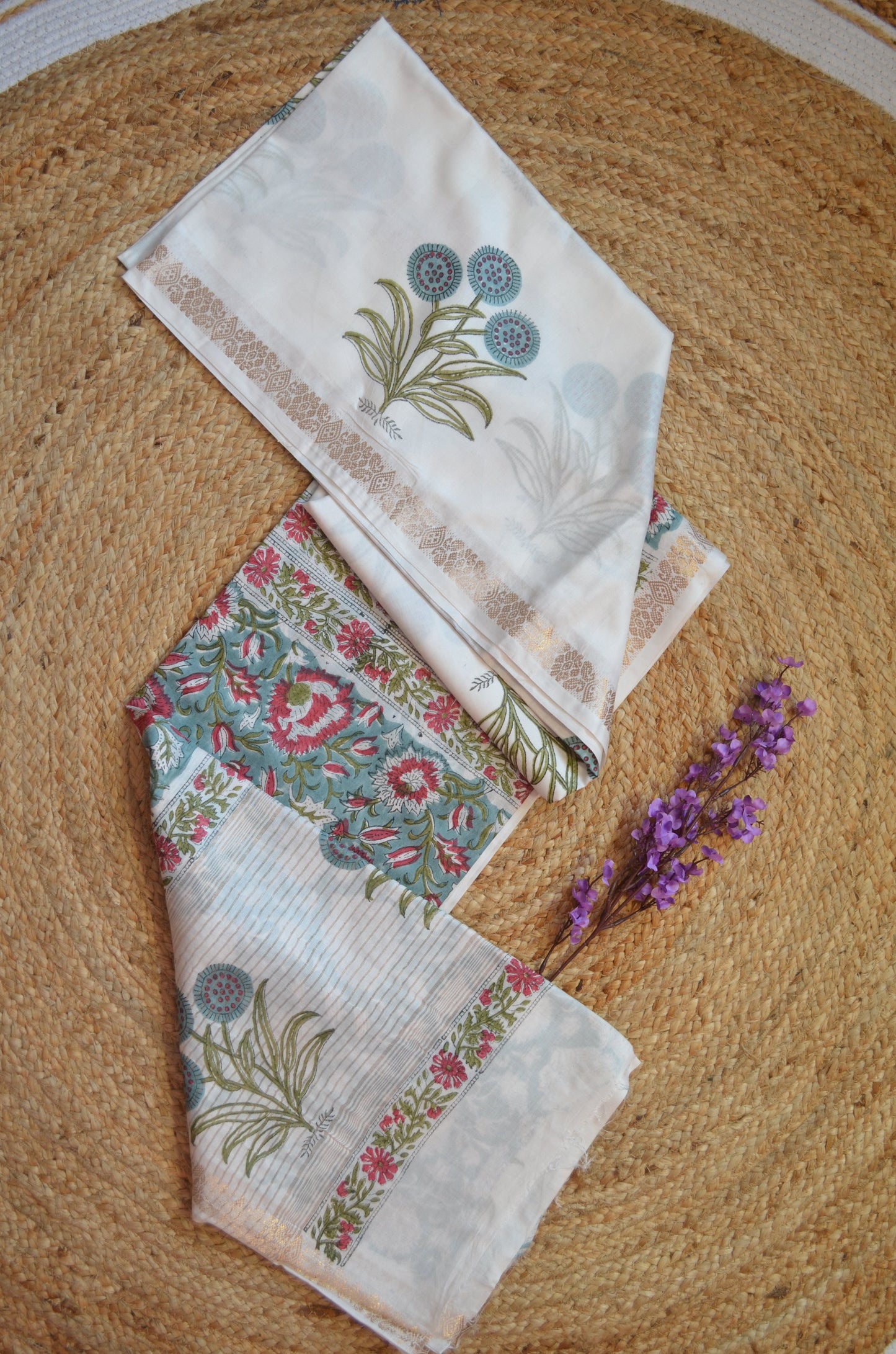 White Floral Print Vegan Silk Handloom Saree