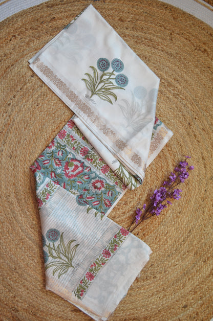 White Floral Print Vegan Silk Handloom Saree