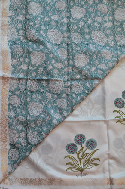 White Floral Print Vegan Silk Handloom Saree