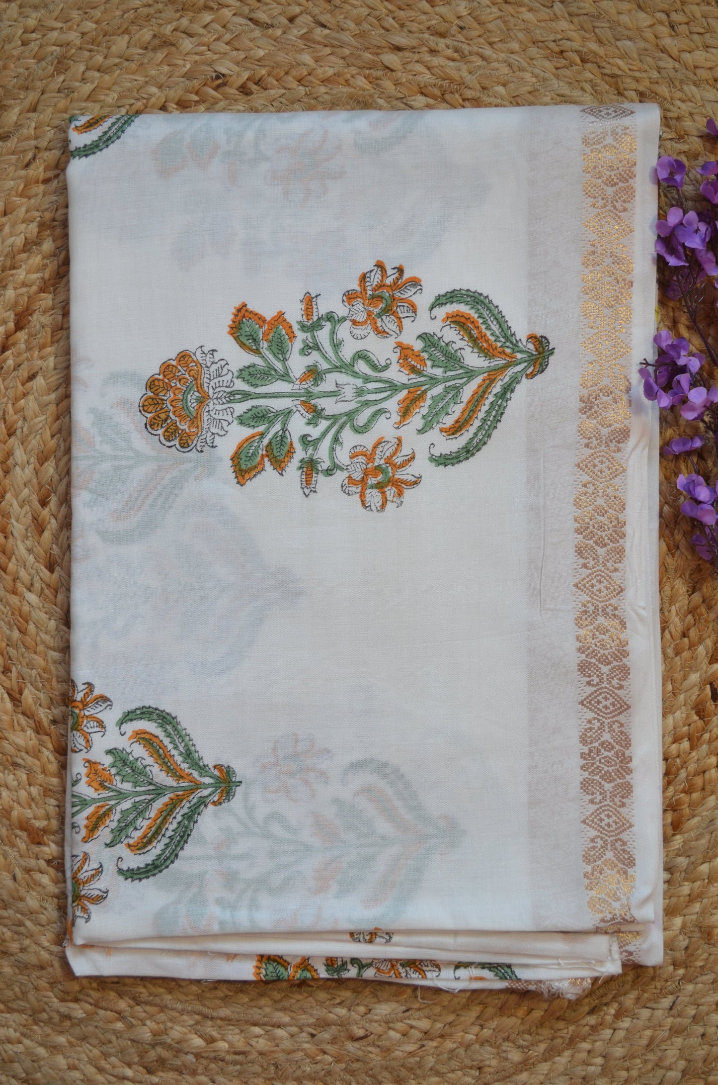 White Floral Print Vegan Silk Handloom Saree