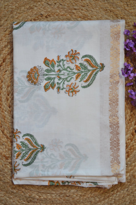 White Floral Print Vegan Silk Handloom Saree