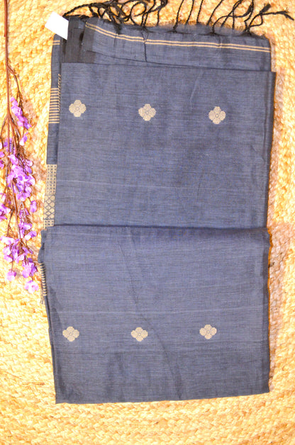 Dark Steel Buttery Mul Cotton Bengal Muslin Ghicha Handloom Saree