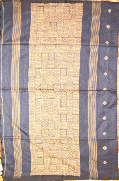 Dark Steel Buttery Mul Cotton Bengal Muslin Ghicha Handloom Saree