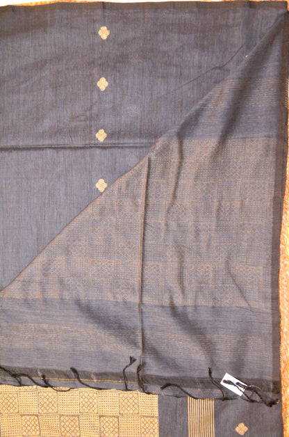 Dark Steel Buttery Mul Cotton Bengal Muslin Ghicha Handloom Saree