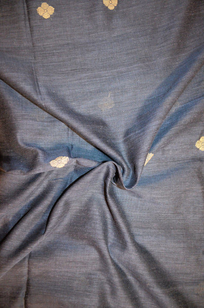 Dark Steel Buttery Mul Cotton Bengal Muslin Ghicha Handloom Saree