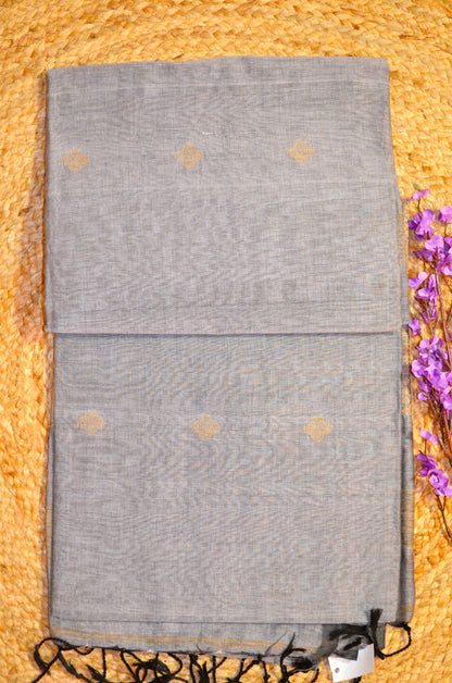 Grey Buttery Mul Cotton Bengal Muslin Ghicha Handloom Saree