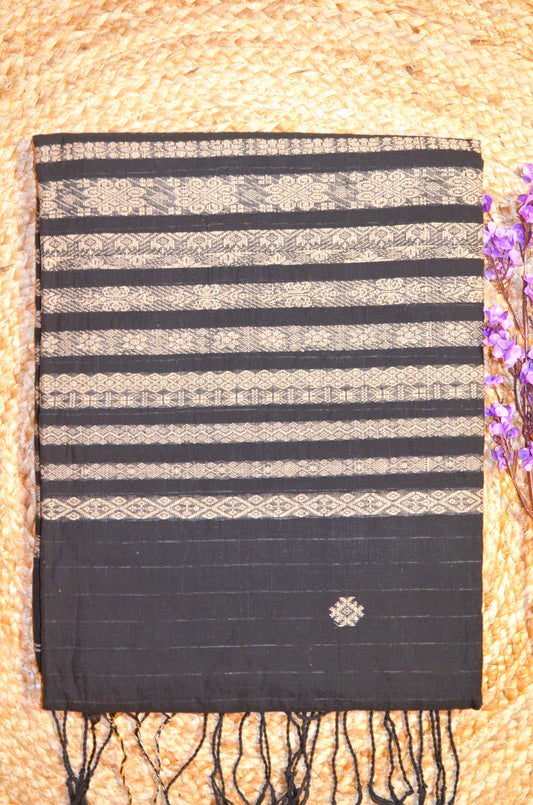 Black Buttery Mul Cotton Bengal Muslin Ghicha Handloom Saree