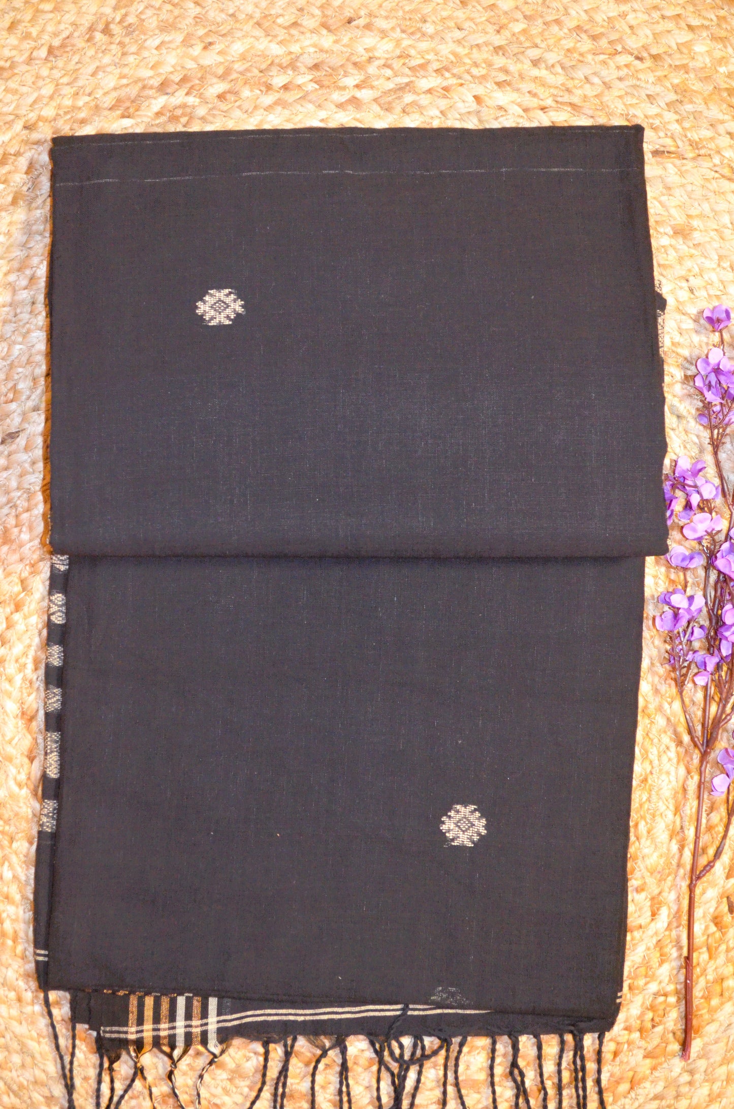Black Buttery Mul Cotton Bengal Muslin Ghicha Handloom Saree