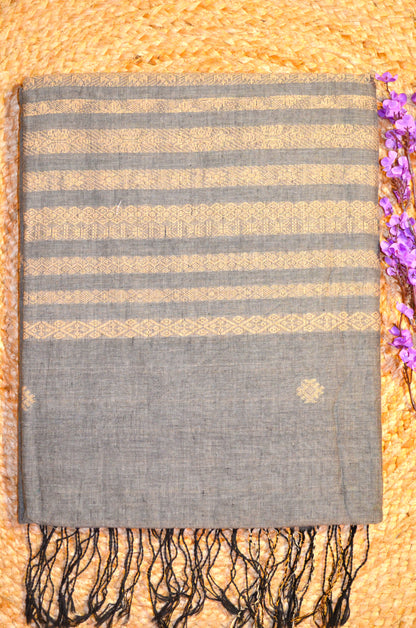 Steel Buttery Mul Cotton Bengal Muslin Ghicha Handloom Saree