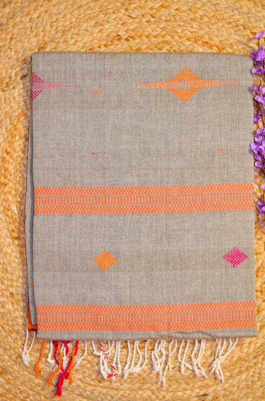 Dark Beige Buttery Mul Cotton Bengal Muslin Handloom Saree