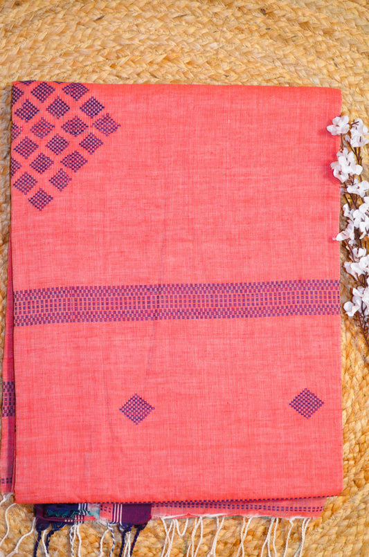 Dark Peach Buttery Mul Cotton Bengal Muslin Handloom Saree