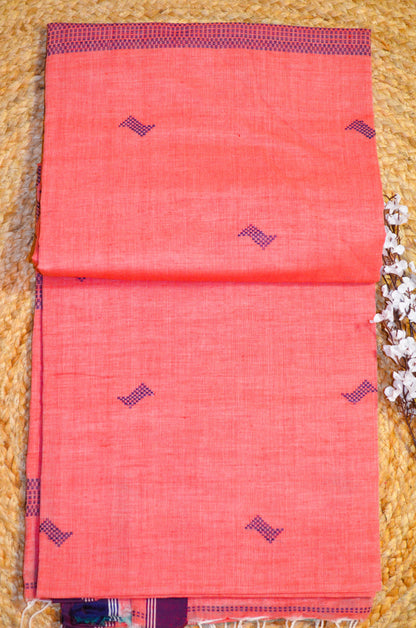 Dark Peach Buttery Mul Cotton Bengal Muslin Handloom Saree