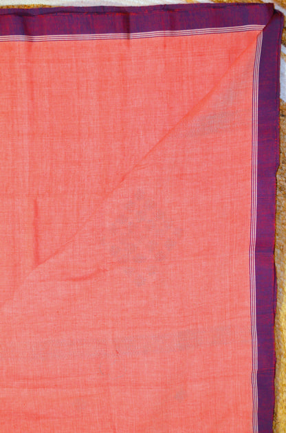Dark Peach Buttery Mul Cotton Bengal Muslin Handloom Saree