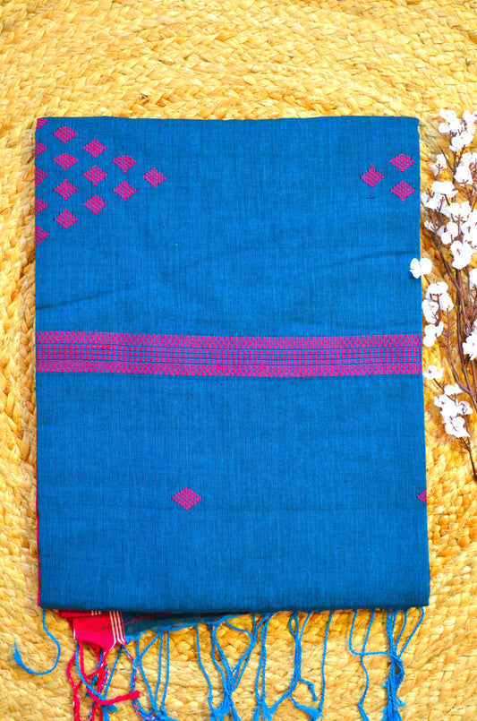 Peacock Blue Buttery Mul Cotton Bengal Muslin Handloom Saree