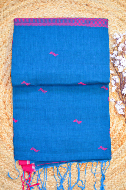 Peacock Blue Buttery Mul Cotton Bengal Muslin Handloom Saree