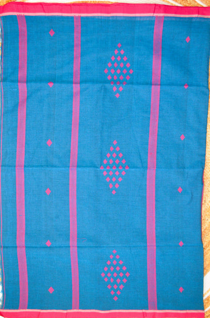 Peacock Blue Buttery Mul Cotton Bengal Muslin Handloom Saree
