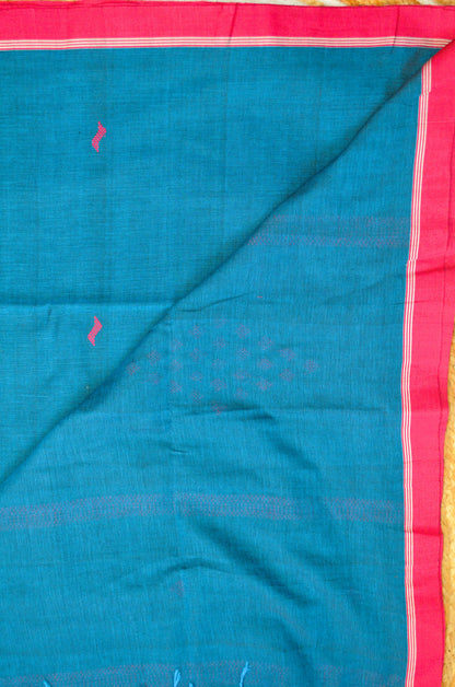 Peacock Blue Buttery Mul Cotton Bengal Muslin Handloom Saree
