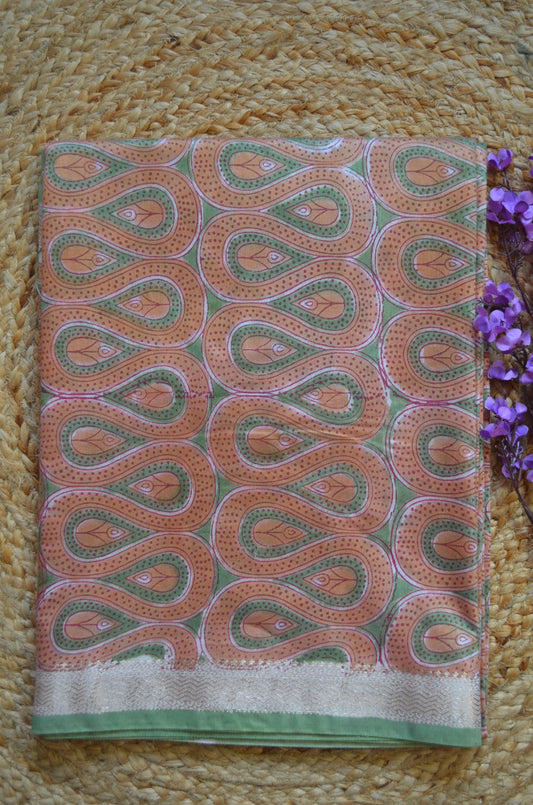 Rust Olive Maheshwari Block Print Vegan Silk Handloom Saree