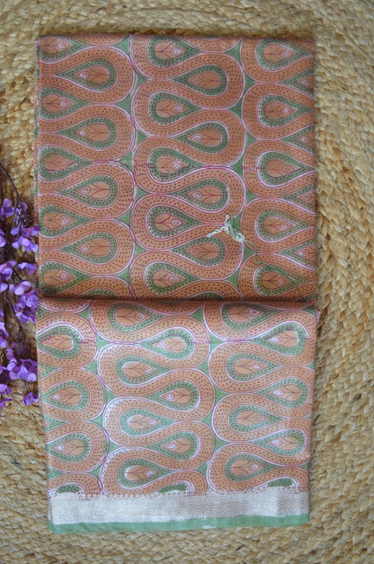 Rust Olive Maheshwari Block Print Vegan Silk Handloom Saree