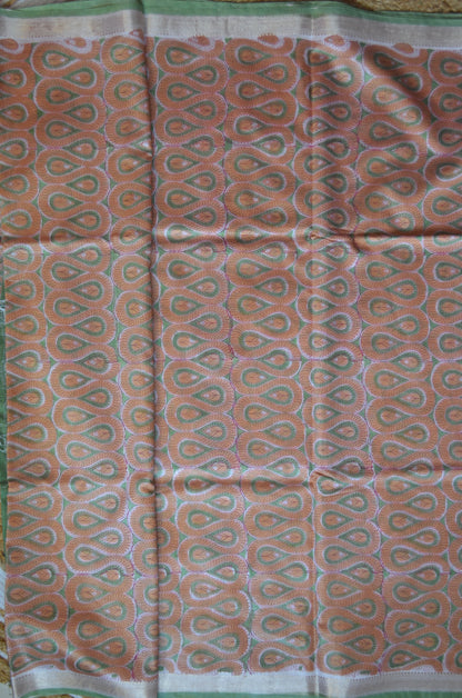 Rust Olive Maheshwari Block Print Vegan Silk Handloom Saree