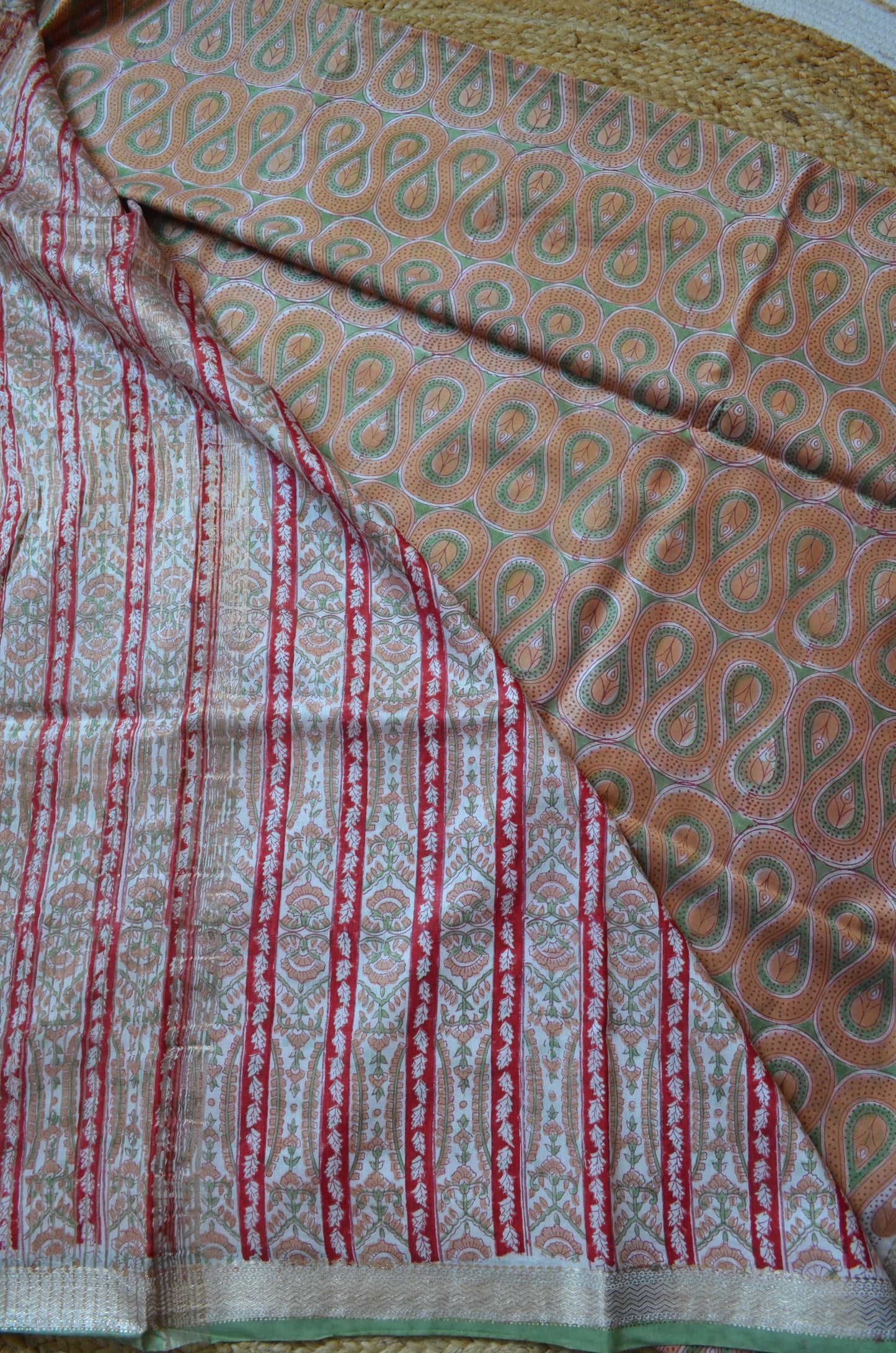 Rust Olive Maheshwari Block Print Vegan Silk Handloom Saree