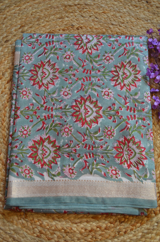 Grey Seafoam Maheshwari Block Print Vegan Silk Handloom Saree
