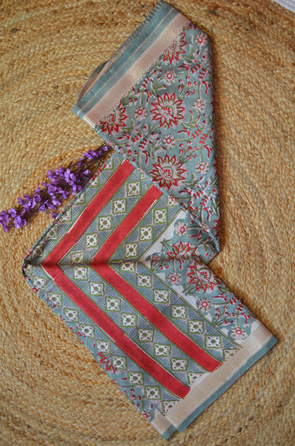 Grey Seafoam Maheshwari Block Print Vegan Silk Handloom Saree