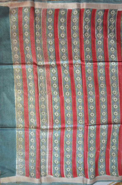 Grey Seafoam Maheshwari Block Print Vegan Silk Handloom Saree