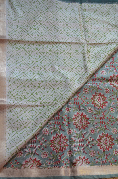 Grey Seafoam Maheshwari Block Print Vegan Silk Handloom Saree