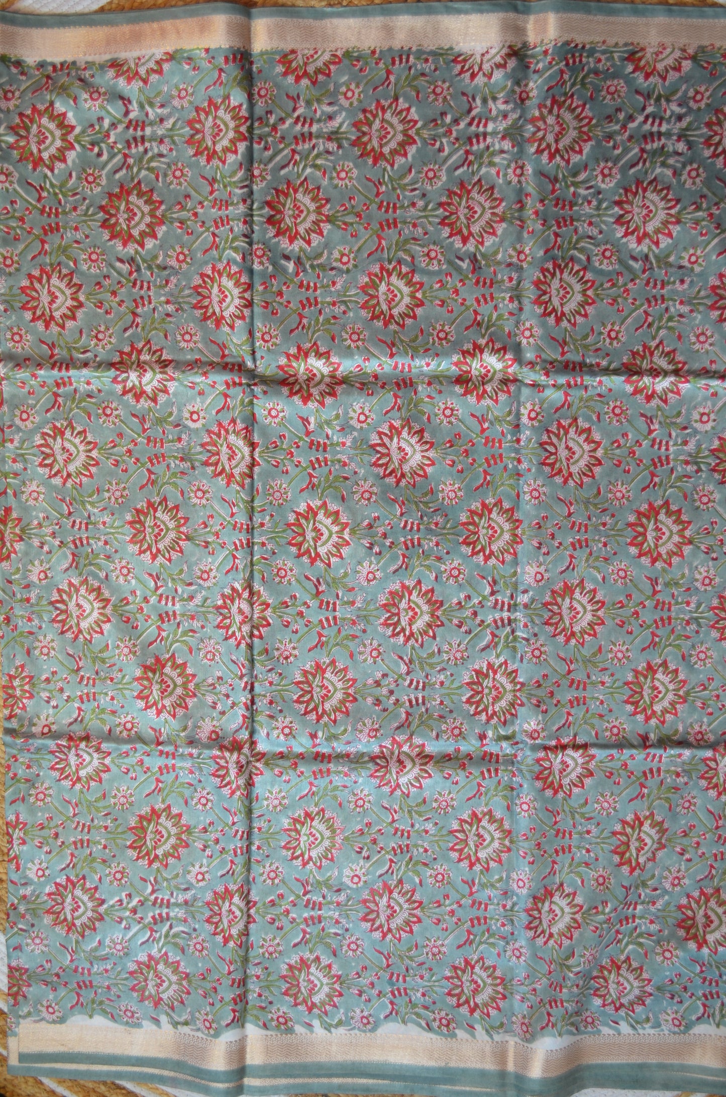 Grey Seafoam Maheshwari Block Print Vegan Silk Handloom Saree