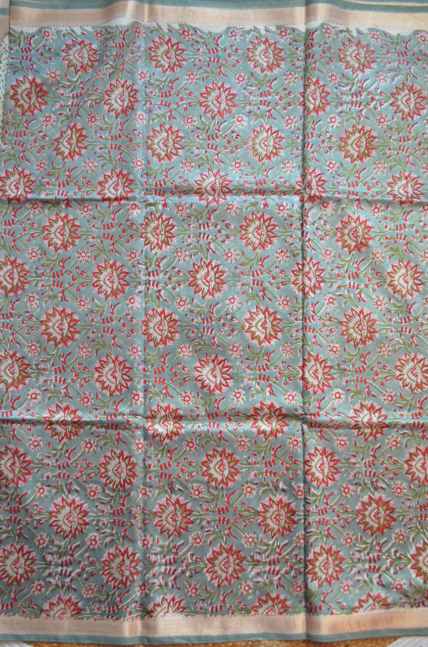 Grey Seafoam Maheshwari Block Print Vegan Silk Handloom Saree