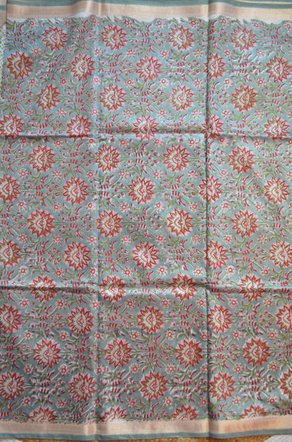 Grey Seafoam Maheshwari Block Print Vegan Silk Handloom Saree