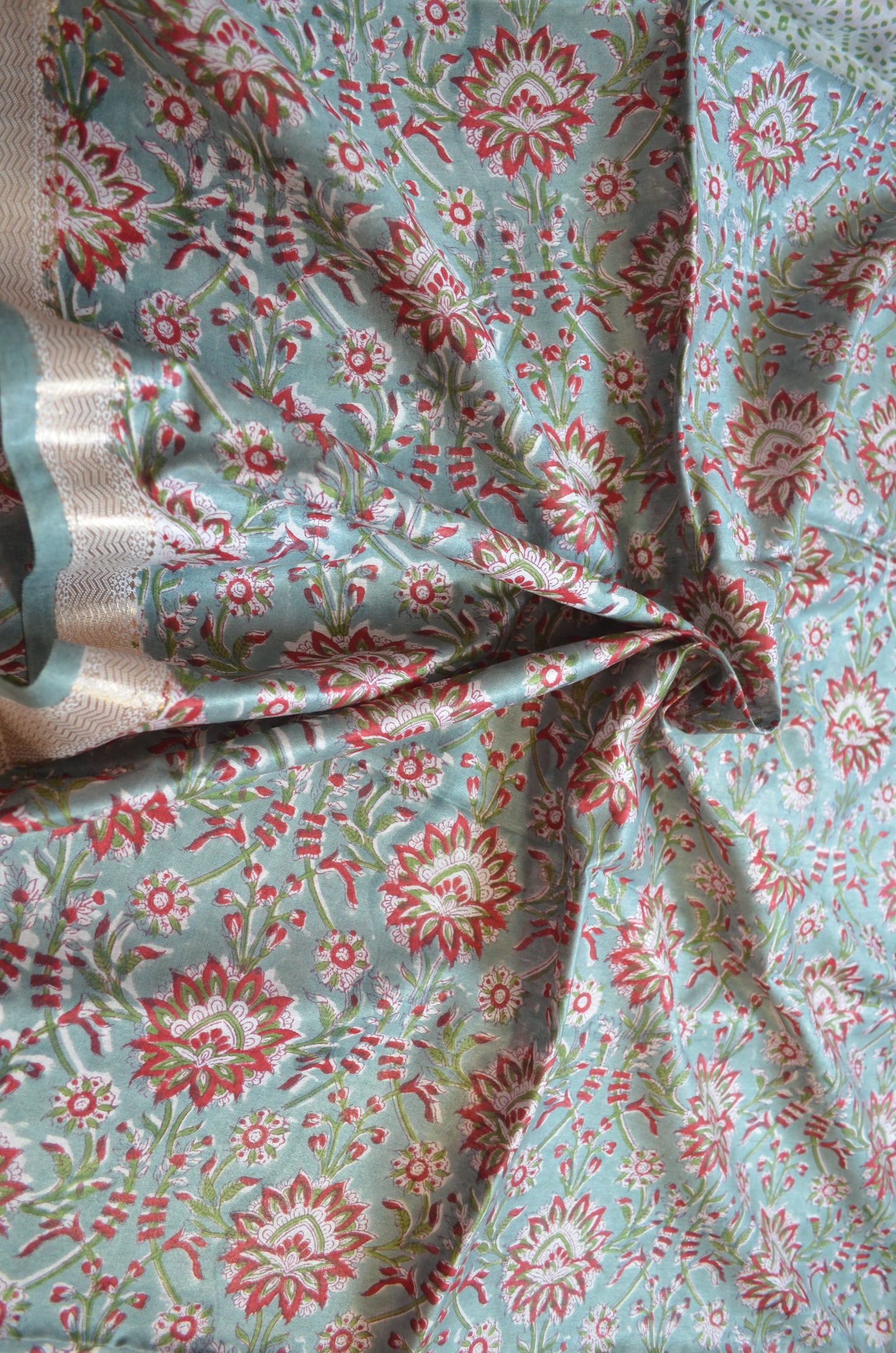Grey Seafoam Maheshwari Block Print Vegan Silk Handloom Saree