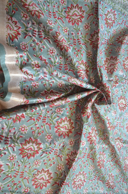 Grey Seafoam Maheshwari Block Print Vegan Silk Handloom Saree