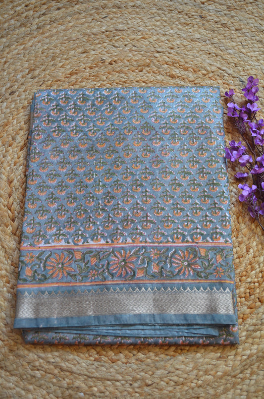 Grey Seafoam Maheshwari Block Print Vegan Silk Handloom Saree