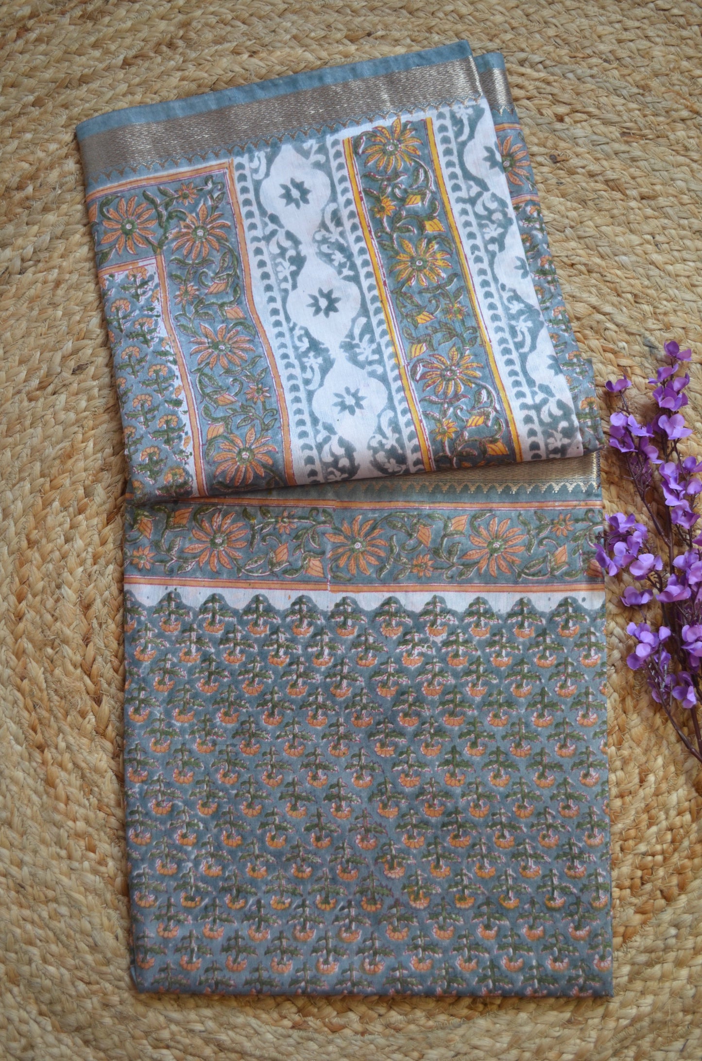 Grey Seafoam Maheshwari Block Print Vegan Silk Handloom Saree