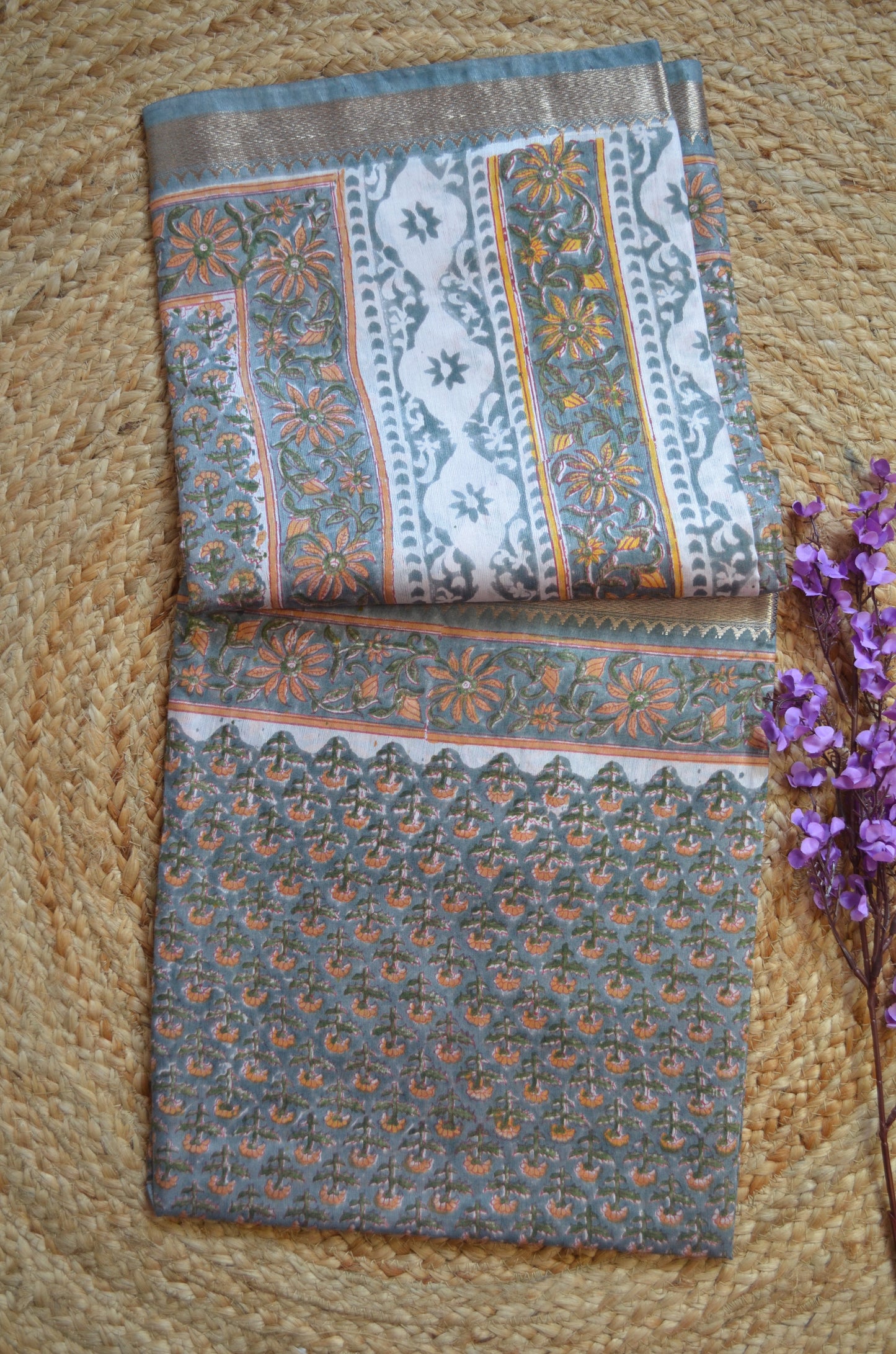 Grey Seafoam Maheshwari Block Print Vegan Silk Handloom Saree