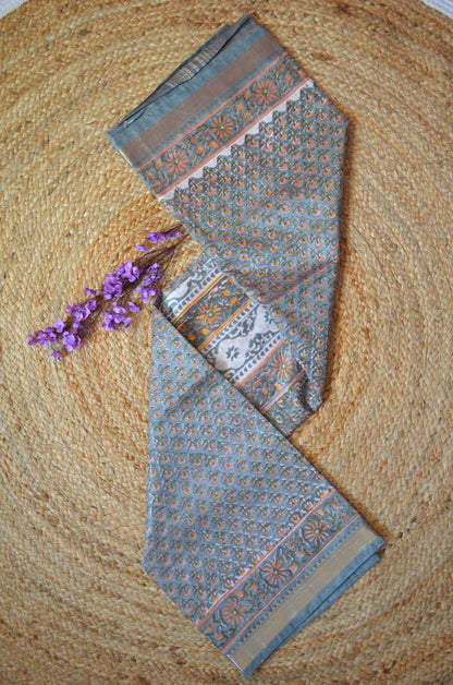 Grey Seafoam Maheshwari Block Print Vegan Silk Handloom Saree