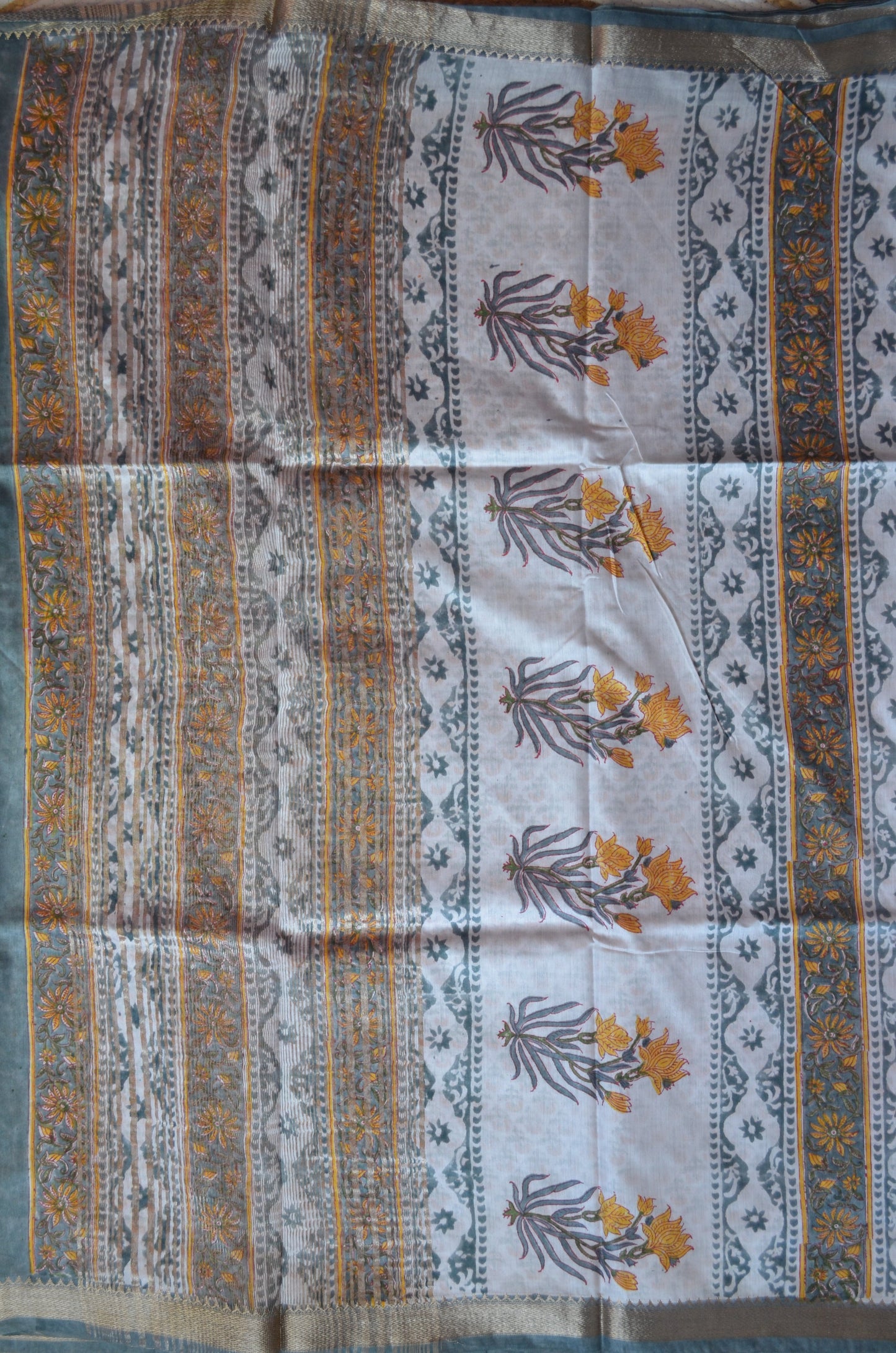 Grey Seafoam Maheshwari Block Print Vegan Silk Handloom Saree