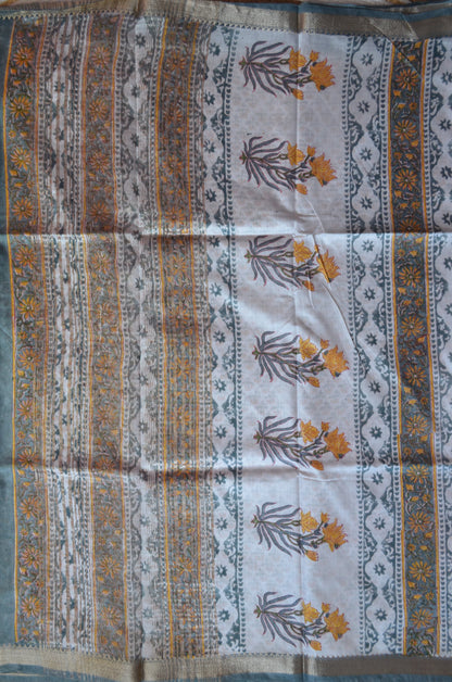 Grey Seafoam Maheshwari Block Print Vegan Silk Handloom Saree