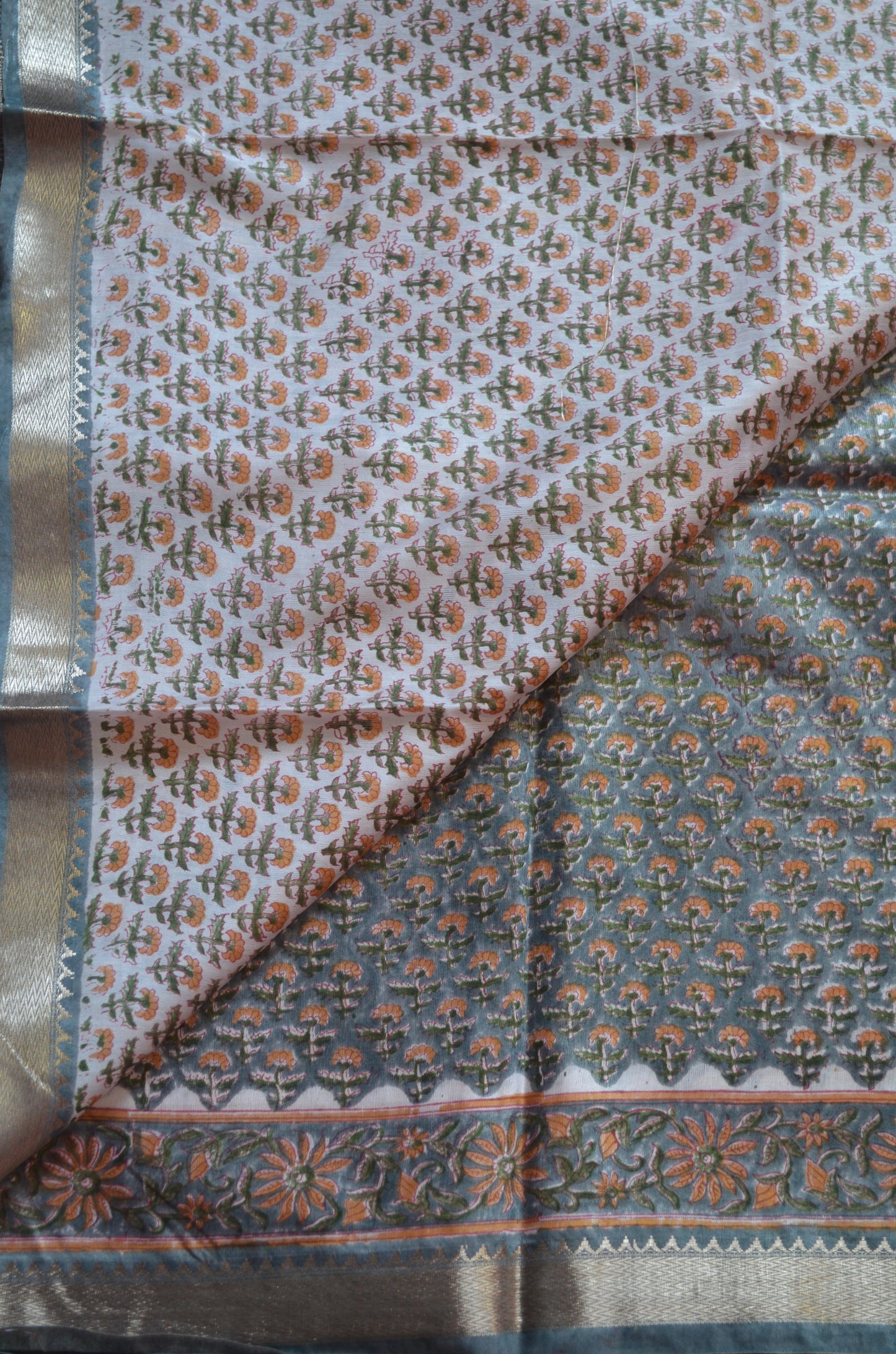 Grey Seafoam Maheshwari Block Print Vegan Silk Handloom Saree